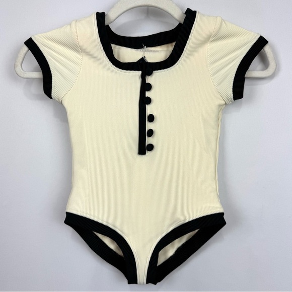 SAME SAMESIES Grace One Piece Ribbed Swimsuit Buttons Girls Sz 7/8 Cream & Black - Picture 3 of 10